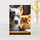 あ考えあー |子猫と子犬 カード (黄色い花)