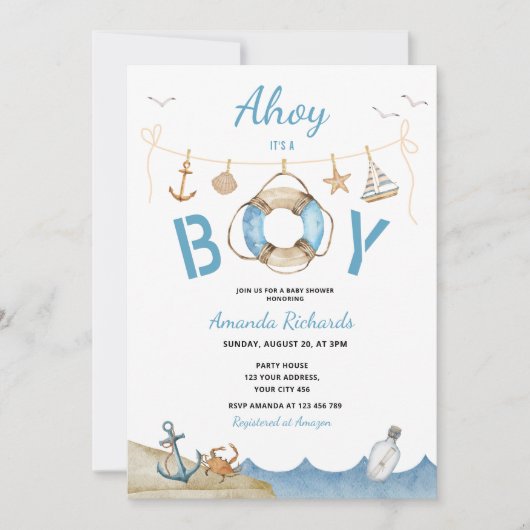 あ航海のあー男の子のシャワーだ 招待状 (正面)