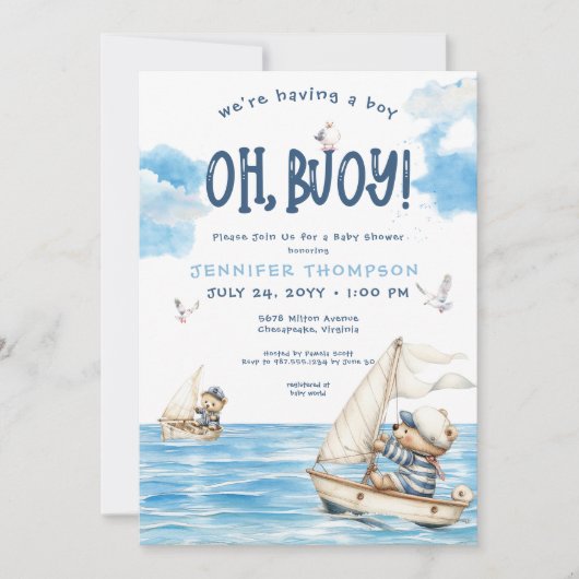 あ航海のあ男の子セーラーテディがベビーシャワーを負担 招待状 (正面)