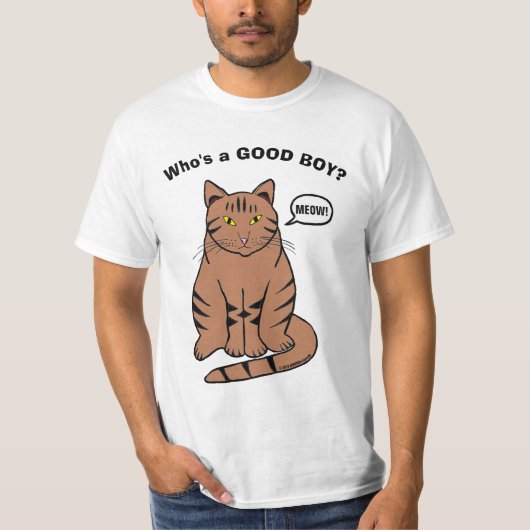 いい子は誰だ?おしゃべりタビーおもしろい猫 Tシャツ (正面)