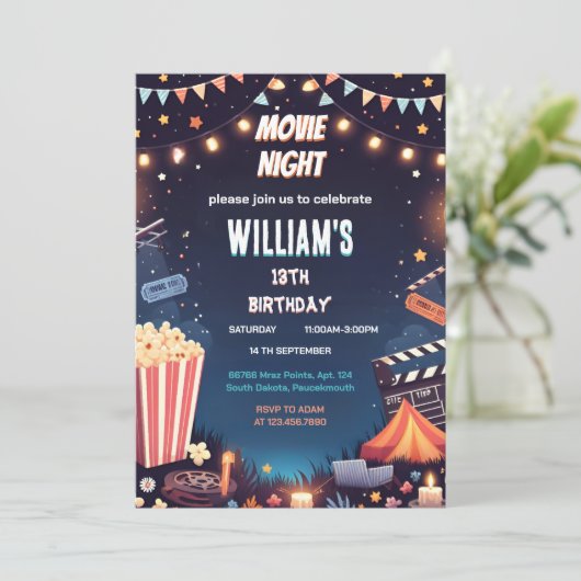 いい子キャンピングポップコーン映画ナイト13歳の誕生日 招待状 (スタンド正面)