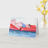 いかだカードで浮かんでいる大きいお父さんのブタ カード (黄色い花)