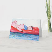 いかだカードで浮かんでいる大きいお父さんのブタ カード (正面)