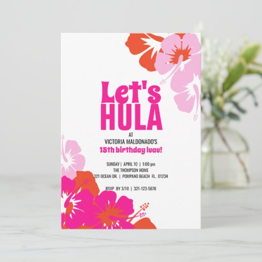 いかなる時代の熱帯誕生日パーティーピンクオレンジルアウ(ハワイ式宴会) 招待状 (スタンド正面)