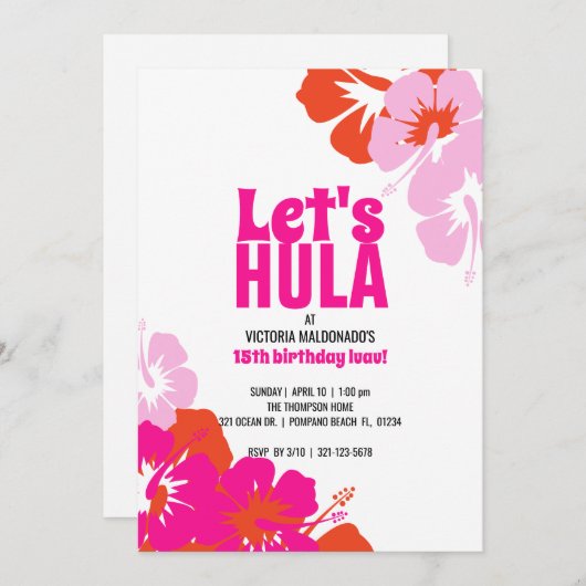 いかなる時代の熱帯誕生日パーティーピンクオレンジルアウ（ハワイ式宴会） 招待状 (正面/裏面)
