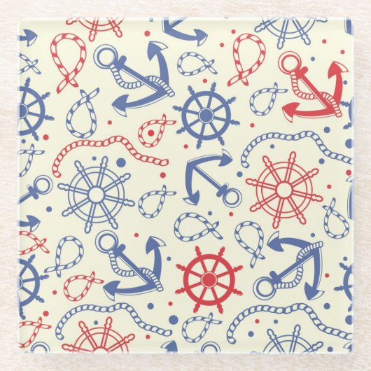 いかりが付いている赤そして海軍背景 ガラスコースター (正面)