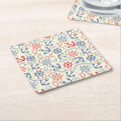 いかりが付いている赤そして海軍背景 スクエアペーパーコースター (アングル)