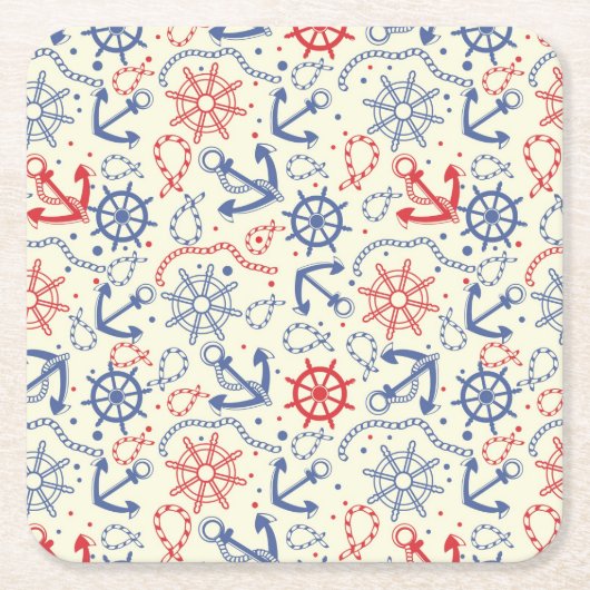 いかりが付いている赤そして海軍背景 スクエアペーパーコースター (正面)