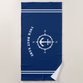 いかりとコンパス、ボート名ネイビーブルー ビーチタオル (正面)