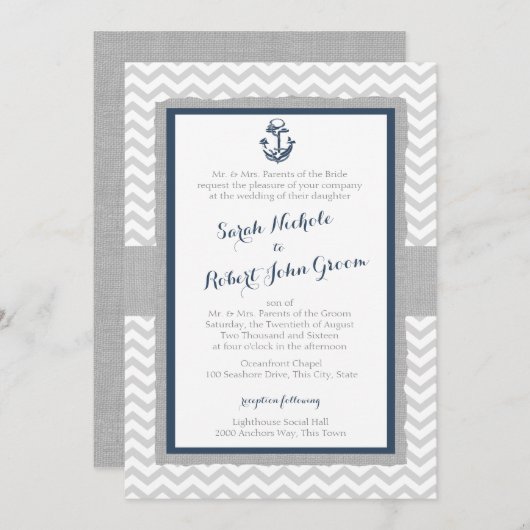 いかりとシェブロン海軍ブルーとグレイ結婚ズ 招待状 (正面/裏面)