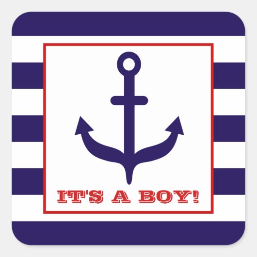 いかりとブルーのストライプベビーシャワーステッカー スクエアシール (正面)
