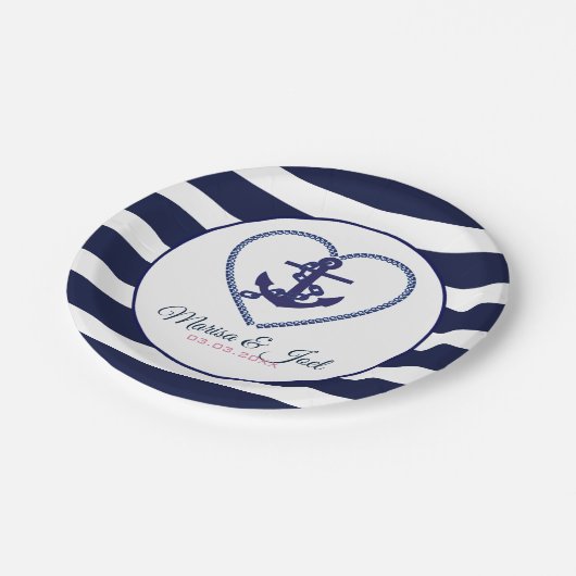 いかりとブルーのストライプ ペーパープレート (アングル)