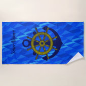 いかりとホイール（水）、名前を追加ライトダークブルー ビーチタオル (正面)