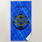 いかりとホイール（水）、名前を追加ライトダークブルー ビーチタオル (正面)