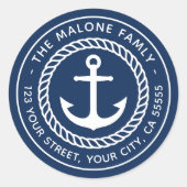 いかりとロープ縁どの青い差出人住所 ラウンドシール (正面)