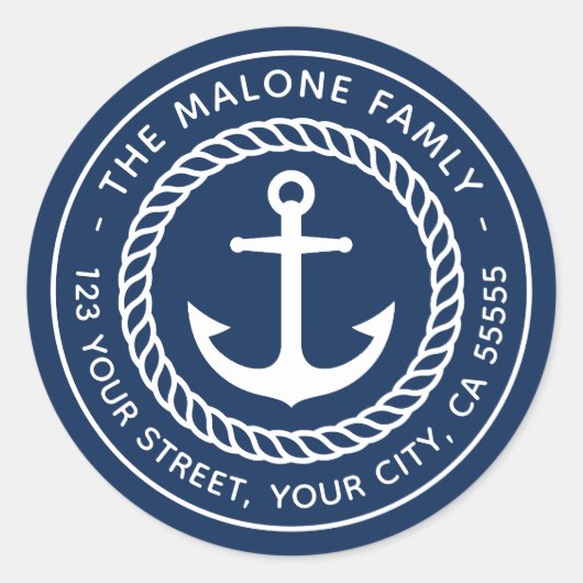 いかりとロープ縁どの青い差出人住所 ラウンドシール (正面)