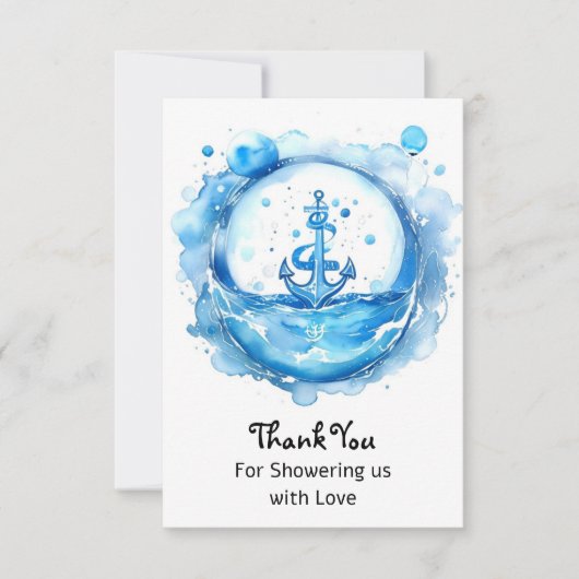 いかりと波:水の色ベビー航海のシャワー サンキューカード (正面)