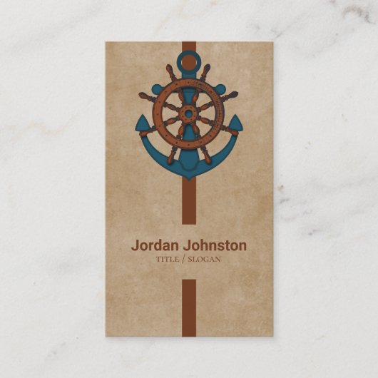 いかりと船の舵ベージュの背景 名刺 (正面)