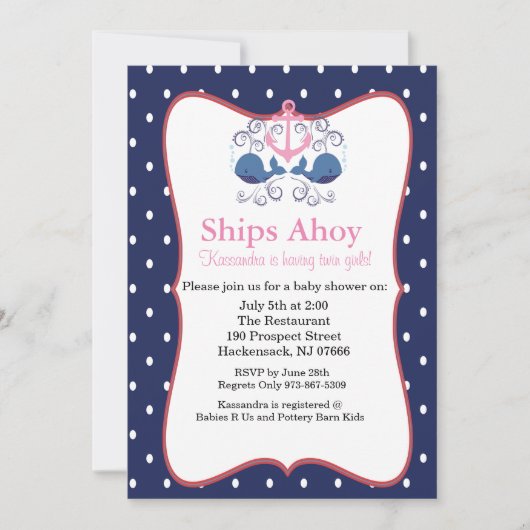 いかりと鯨でツインベビーシャワー招待状 招待状 (正面)