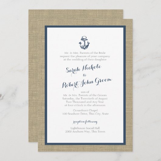 いかりとBurlapネイビー素朴ブル結婚ズ 招待状 (正面/裏面)