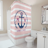 いかりのハートのピンクのストライプの航海のなモノグラムのロゴ シャワーカーテン (インサイチュ)
