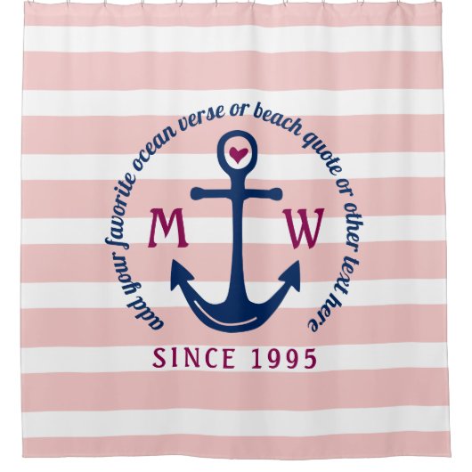 いかりのハートのピンクのストライプの航海のなモノグラムのロゴ シャワーカーテン (正面)