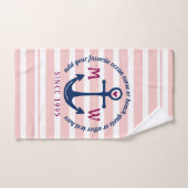 いかりのハートのピンクのストライプの航海のなモノグラムのロゴ ハンドタオル (ハンドタオル)