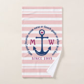 いかりのハートのピンクのストライプの航海のなモノグラムのロゴ ハンドタオル (ハンドタオル)