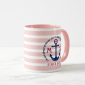 いかりのハートのピンクのストライプの航海のなモノグラムのロゴ マグカップ (正面右)