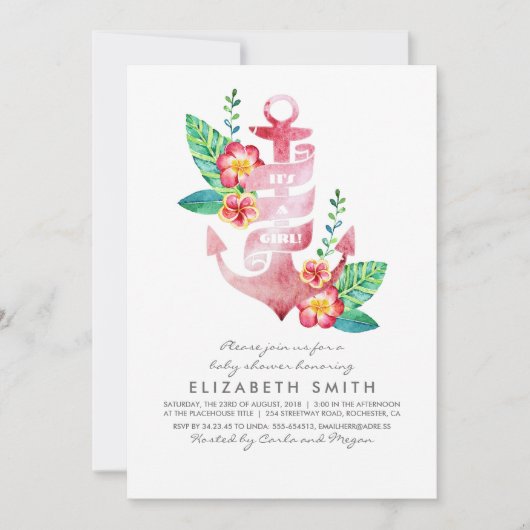 いかりのビーチの航海のな熱帯ベビーシャワー 招待状 (正面)