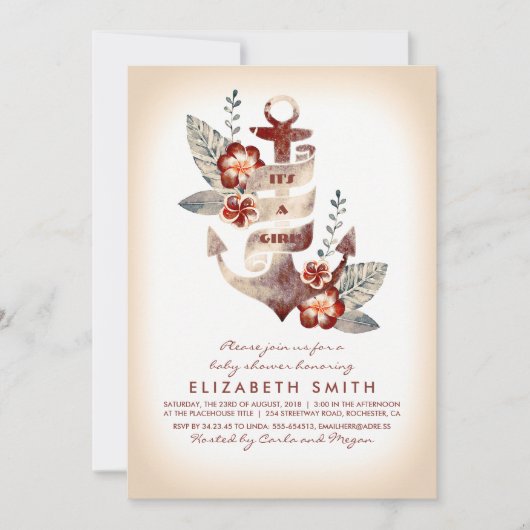 いかりのビーチの航海のな熱帯ベビーシャワー 招待状 (正面)