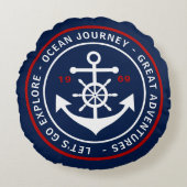 いかりのラベルが付いている円形の濃紺の航海のな枕 ラウンドクッション (正面)