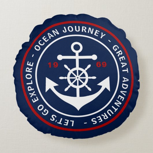 いかりのラベルが付いている円形の濃紺の航海のな枕 ラウンドクッション (正面)