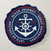 いかりのラベルが付いている円形の濃紺の航海のな枕 ラウンドクッション (裏面)