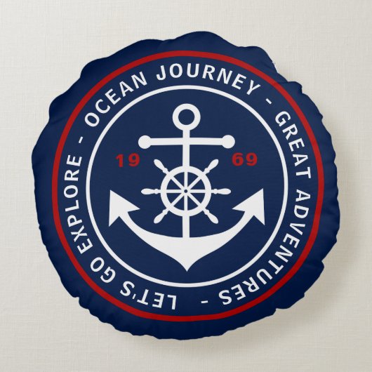 いかりのラベルが付いている円形の濃紺の航海のな枕 ラウンドクッション (裏面)