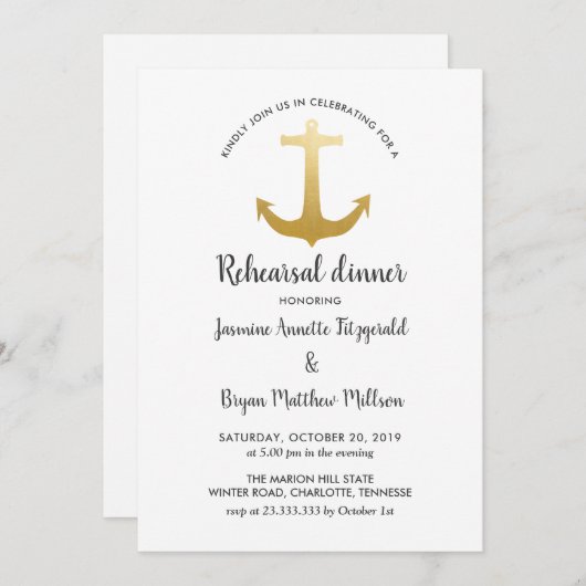 いかりの航海のでフェイクな金ゴールドホイル|のリハーサルの夕食 招待状 (正面/裏面)