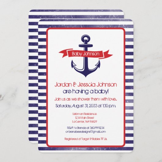 いかりの遠くになベビーシャワー 招待状 (正面/裏面)