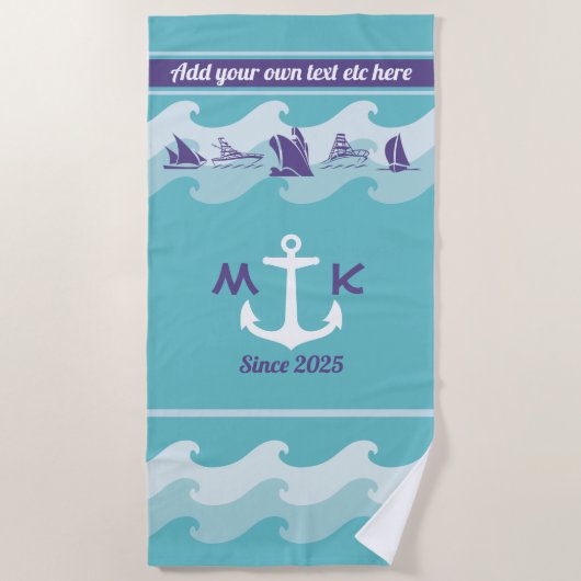 いかりは航海のな船のボートのヨットのモノグラムを振ります ビーチタオル (正面)