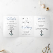 いかりやほこりっぽい青航海の結婚い花 三つ折り招待状 (内部)