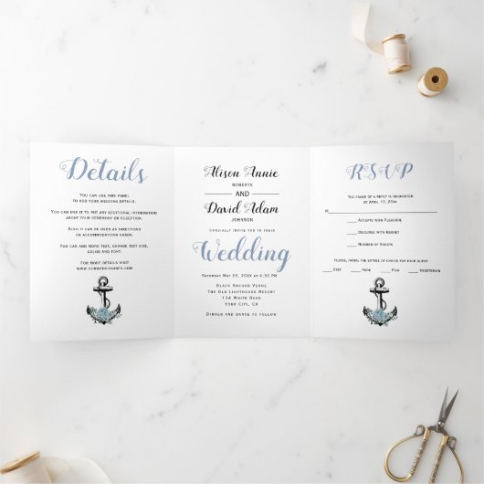 いかりやほこりっぽい青航海の結婚い花 三つ折り招待状 (内部)