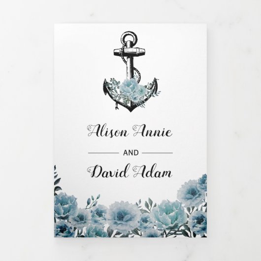 いかりやほこりっぽい青航海の結婚い花 三つ折り招待状 (カバー)
