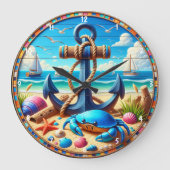 いかりをテーマにしたビーチ沿岸デザイン要素 ラージ壁時計 (正面)