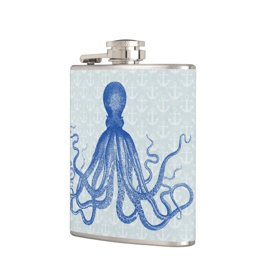 いかりを持つヴィンテージの青いタコ フラスク (左)