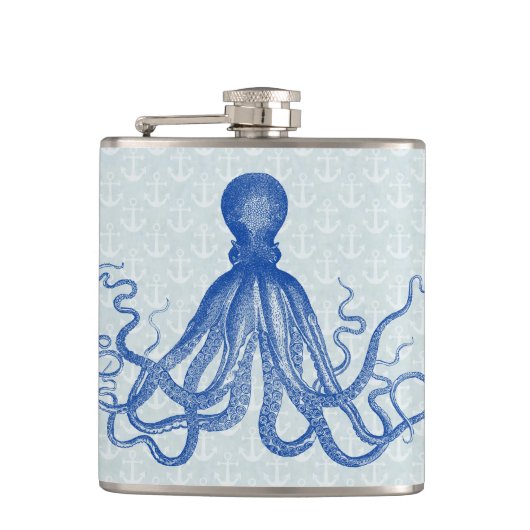 いかりを持つヴィンテージの青いタコ フラスク (正面)