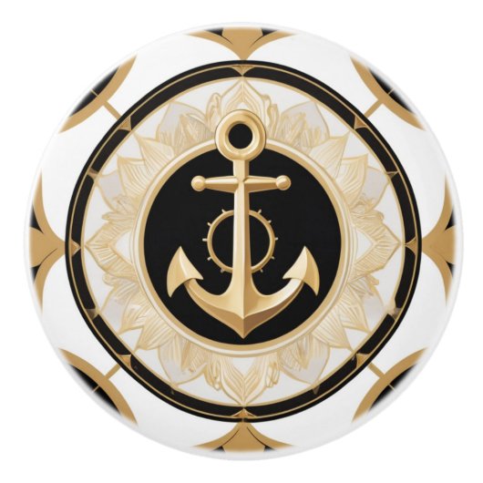 いかりアールデコ白黒および金ゴールド 航海の セラミックノブ (正面)