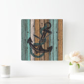 いかりオンアンティーク風化木板の模様 スクエア壁時計 (ホーム)