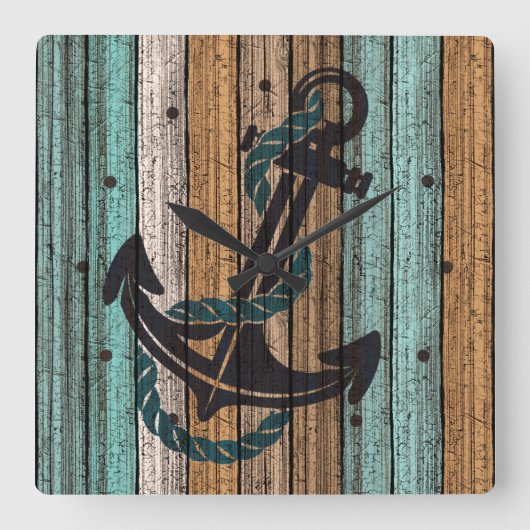 いかりオンアンティーク風化木板の模様 スクエア壁時計 (正面)