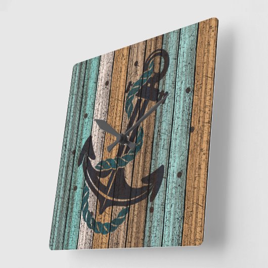 いかりオンアンティーク風化木板の模様 スクエア壁時計 (傾斜)