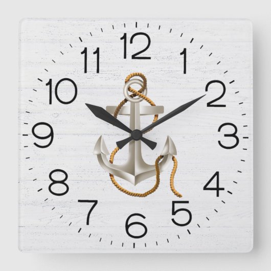 いかりオンホワイトウォッシュウッドスクエアウォールクロック スクエア壁時計 (正面)