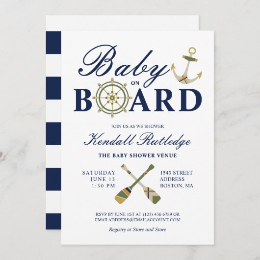 いかりオール航海のベビーオンボードベビーシャワー 招待状 (正面/裏面)